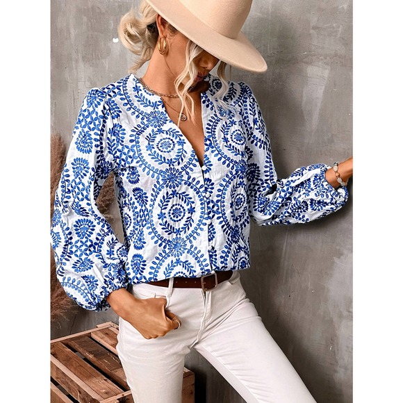 Boho Floral Print Lantern Sleeve Blouse - Picture 3 of 3